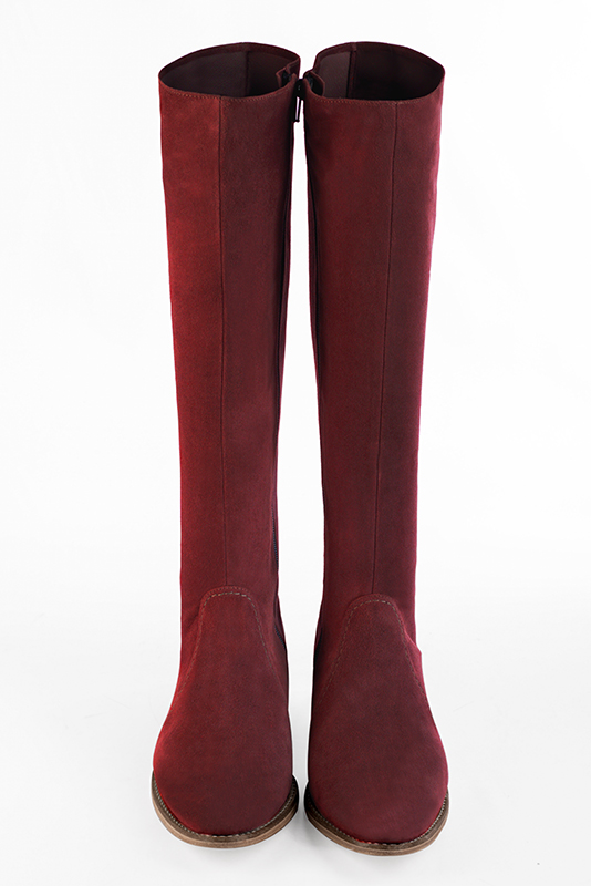 Burgundy red women's feminine knee-high boots. Round toe. Flat leather soles. Made to measure. Top view - Florence KOOIJMAN